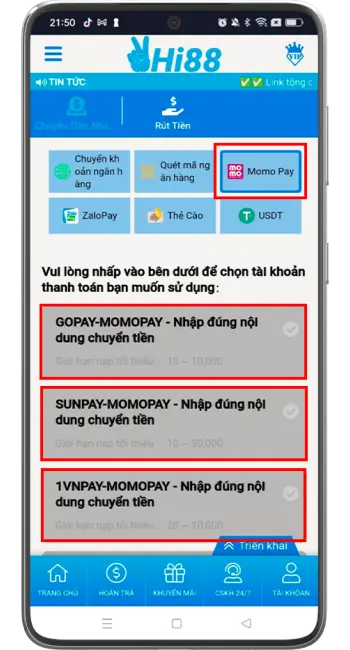 Bước 2: Chọn "Momo Pay" → Chọn kênh thanh toán bất kỳ.